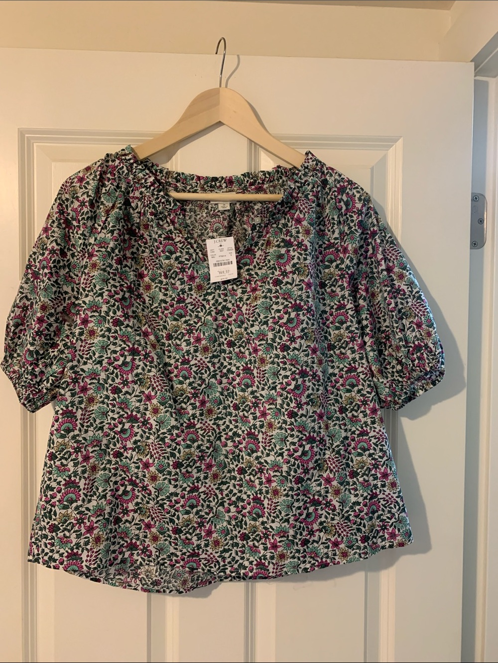 J Crew Floral Puff-Sleeve Women's Top in Green & Pink